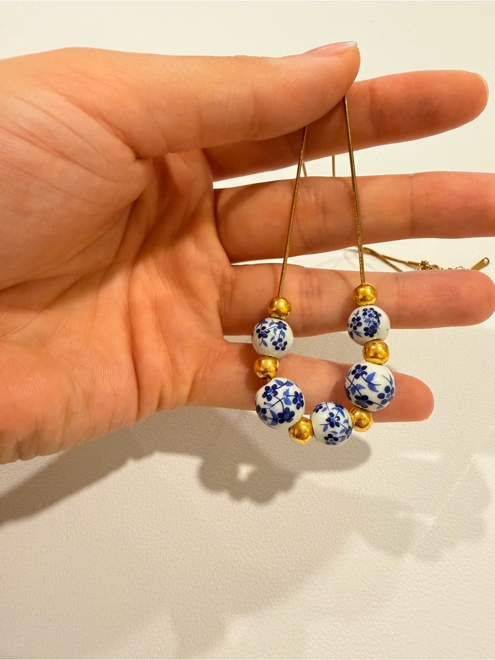 Gold Chain Necklace with Blue and White Floral Beads - Picture 6 of 8